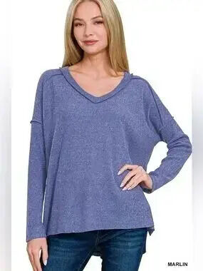 Zenana Full Size Brushed Ribbed Hacci Drop Shoulder V-Neck Sweater Plus Size